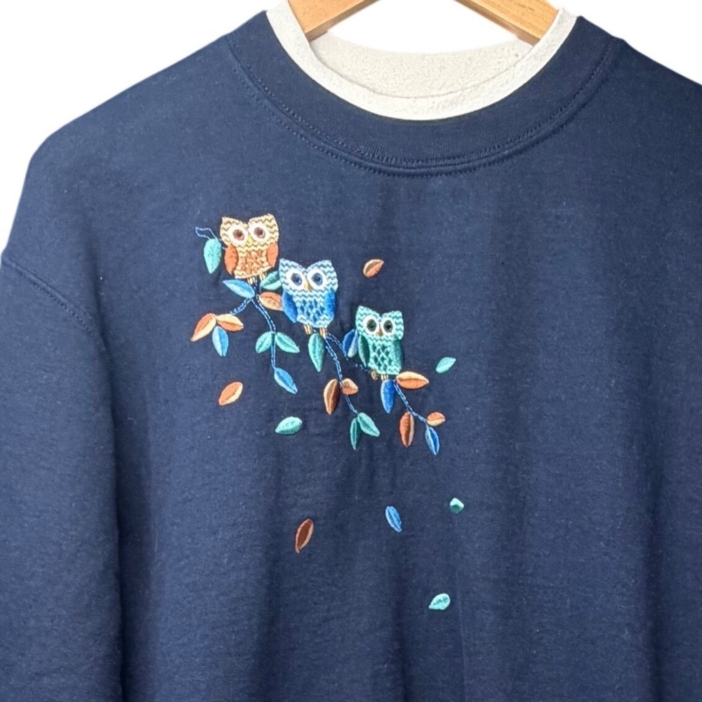 Vintage Top Stitch Morning Sun Owl Embroidered Cozy‎ Sweatshirt L Navy Blue